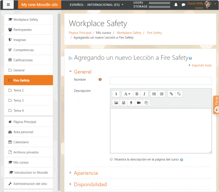 Añade una lección al curso Сómo crear un curso en moodle: paso 2