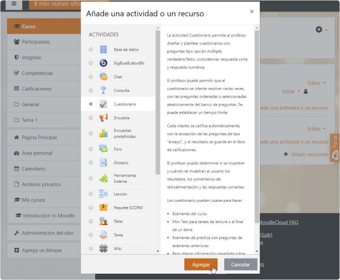 Añade una actividad o un recurso Agregar y configurar un test en Moodle