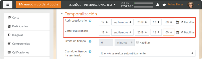 Período de evaluación para el examen en Moodle