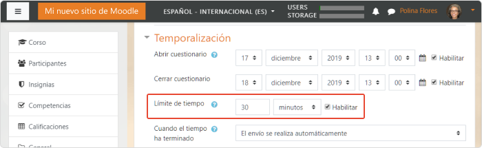 Temporalización Límite de tiempo en Moodle