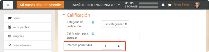 Número de intentos Editar examen con los intentos permitidos