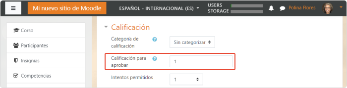 Calificación para aprobar el test de Moodle