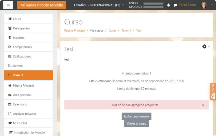 La página del curso Cómo mostrar tu examen a los alumnos