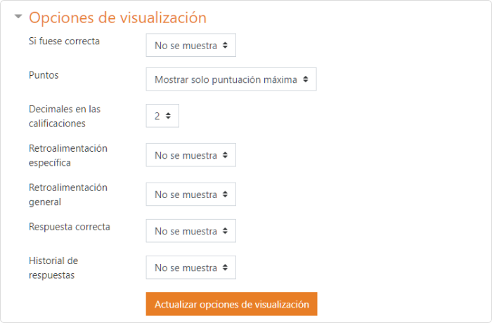 Opciones de visualización La lista de configuraciones adicionales en Moodle