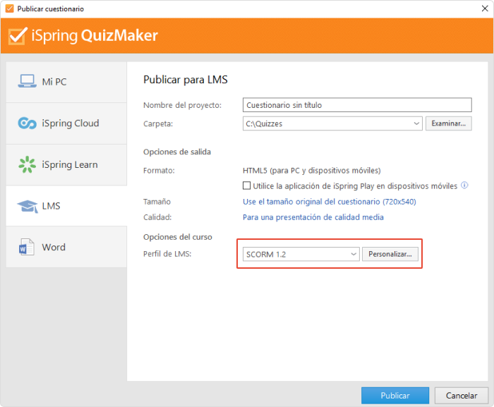 Publicar el test para LMS Publicar el test creado en iSpring Suite en Moodle