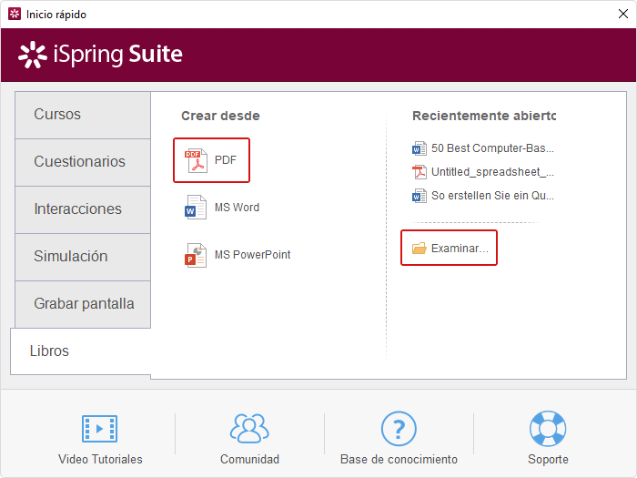 Pestaña Libros de iSpring Suite Herramienta para convertir PDF en SCORM incorporada en iSpring Suite