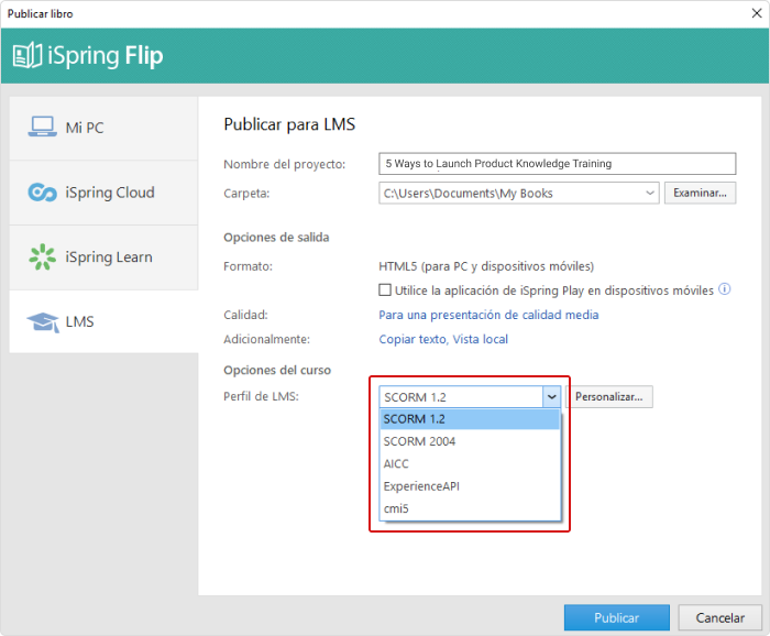 Opciones para registro del aprendizaje de iSpring Suite PDF a SCORM