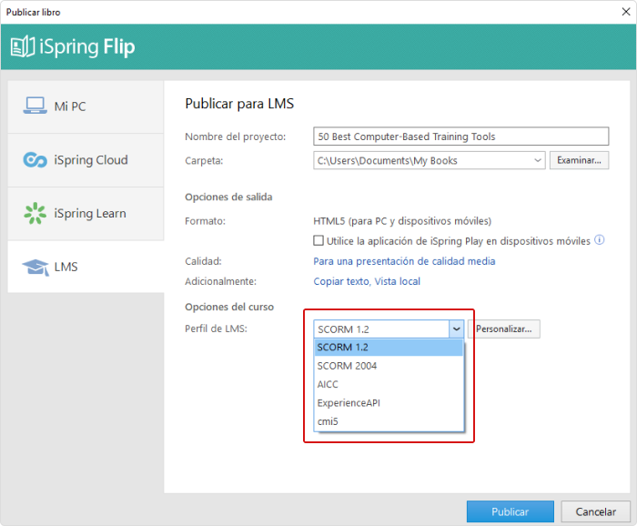 Opciones para cursos en línea de iSpring Suite