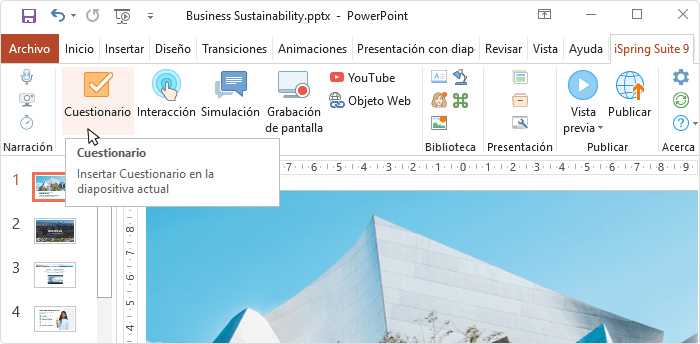 iSpring Suite te permite poner material de aprendizaje en diferentes formatos. iSpring Suite ayuda a mejorar tus diapositivas con actividades interactivas y convertirlas en formato SCORM.