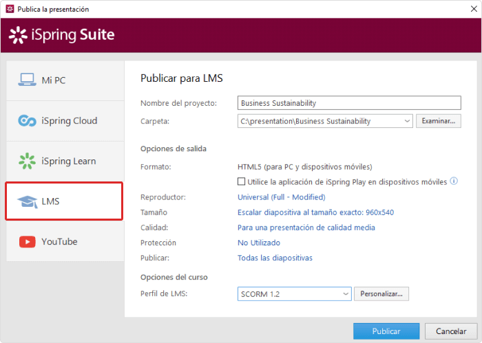 Personaliza las opciones de salida para tu curso SCORM. Personalizar las opciones de salida para tu archivo SCORM.