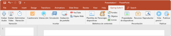 Pestaña de iSpring Suite en la interfaz estándar de PowerPoint Pestaña de la herramienta de autoría iSpring Suite en PowerPoint