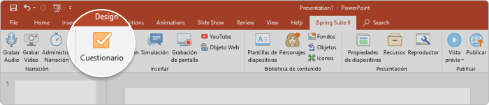 Haz clic en el icono de Cuestionario para lanzar la herramienta de creación de evaluaciones de iSpring Haz clic en el icono Cuestionario para lanzar iSpring QuizMaker