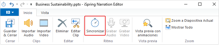 Panel de Sincronización en iSpring Suite