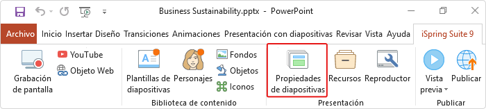 Propiedades de Diapositivas en iSpring Suite