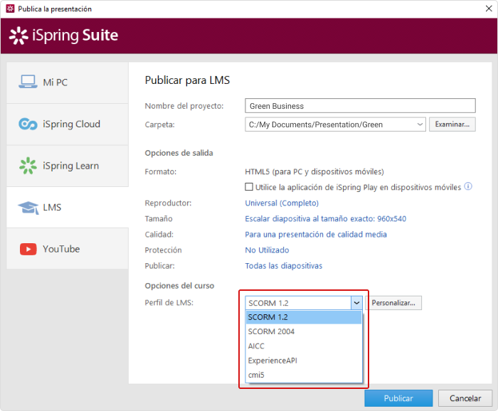 Opciones de publicación en iSpring Suite