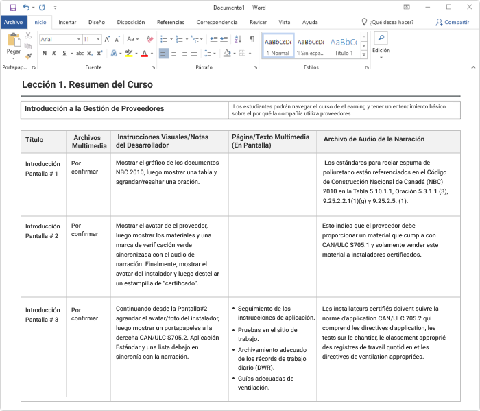 Ejemplo de un guión gráfico en Word"caption: Ejemplo de un guión gráfico en Word