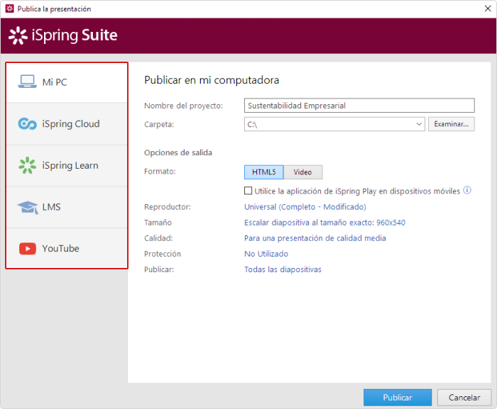 Opciones de publicación en iSpring Suite
