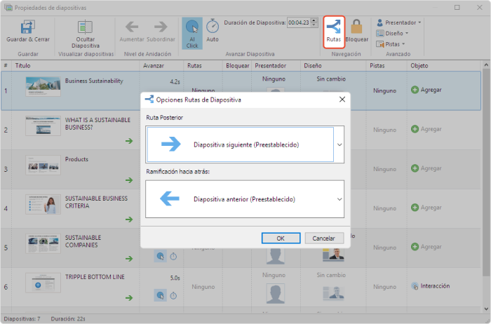 Menú de propiedades en iSpring Suite Menú de propiedades de la diapositiva en iSpring Suite