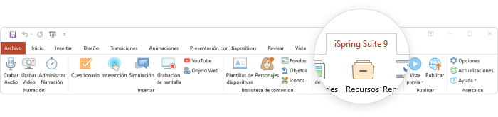 La pestaña de iSpring Suite La pestaña de iSpring Suite en PowerPoint