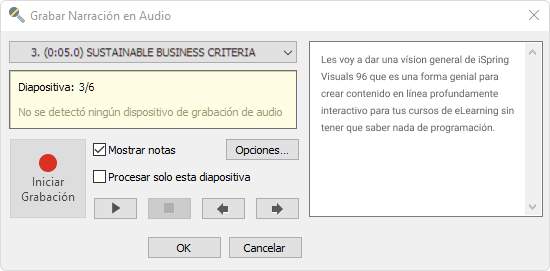 Ventana de Grabación de Audio de Narración Ventana de Grabación de Audio de Narración en iSpring Suite