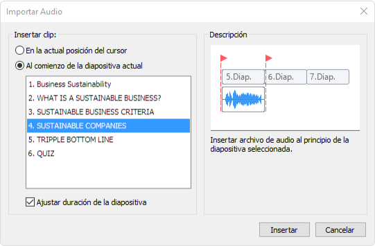 Ventana de Importar Audio en iSpring Suite Ventana de Importar Audio