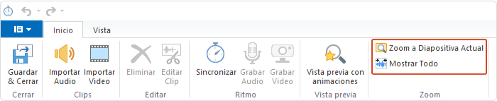 Botones de Zoom del editor Botones de Zoom en la barra de herramientas del editor