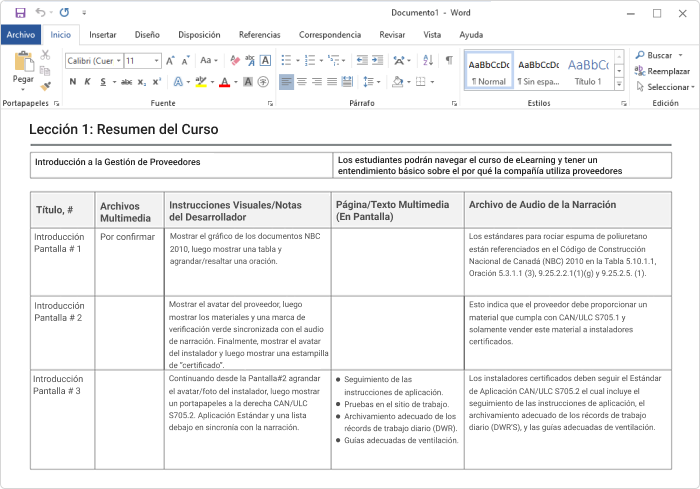 Ejemplo de guión gráfico en Word para eLearning