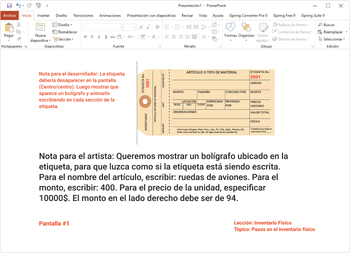 Ejemplo de guión gráfico de eLearning en PowerPoint