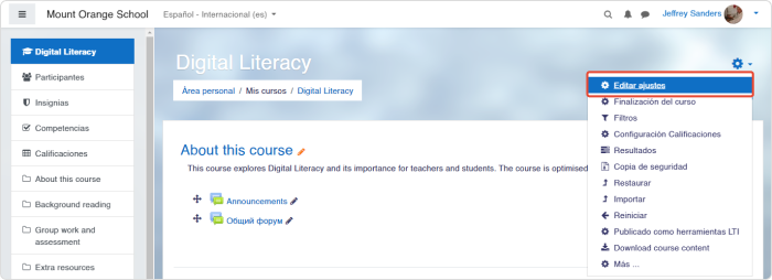 Editar configuraciones de curso en Moodle