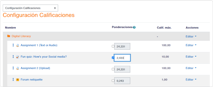 Configuración de las ponderaciones de las categorías de las calificaciones en Moodle