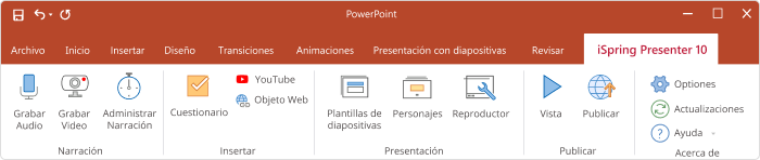Pestaña de Presenter en la barra de PowerPoint Pestaña de Presenter en la barra de PowerPoint