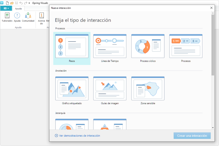 menú de interacciones en iSpring Suite elementos visuales de iSpring Suite