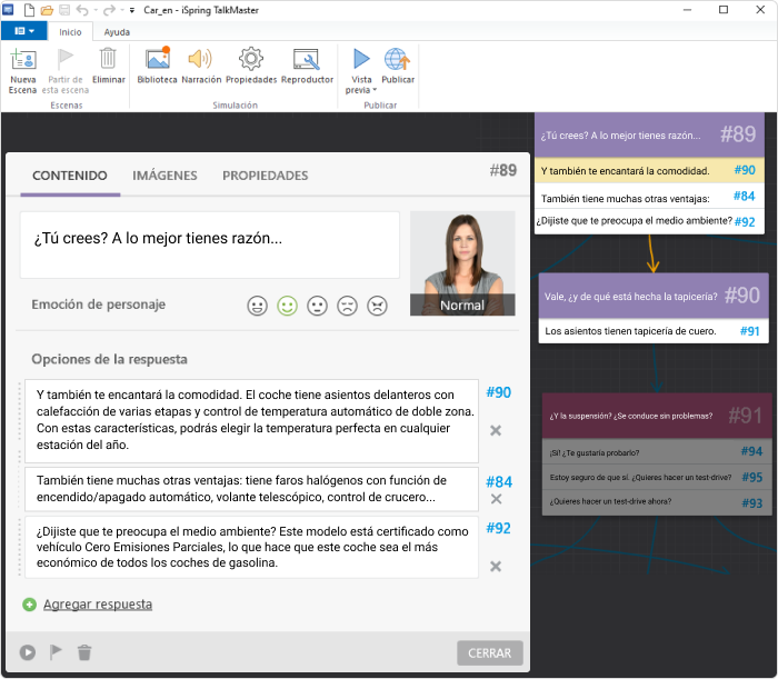 Interfaz de simulación de diálogo en iSpring Suite Creando una simulación de diálogo en iSpring Suite