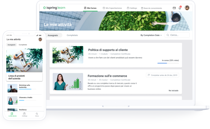 Comparación de un curso para dispositivos móviles y un curso para ordenadores de escritorio Diseño complejo de un curso para ordenadores de escritorio vs. diseño minimalista para dispositivos móviles