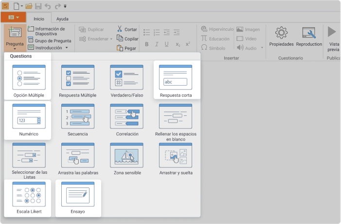 Preguntas en el kit de herramientas de creación de iSpring Suite