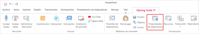 Propiedades de diapositivas en iSpring Suite