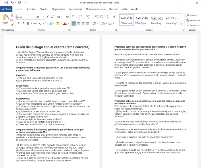 Guión del diálogo con el cliente para la simulación Guión del diálogo con el cliente para role play de ventas