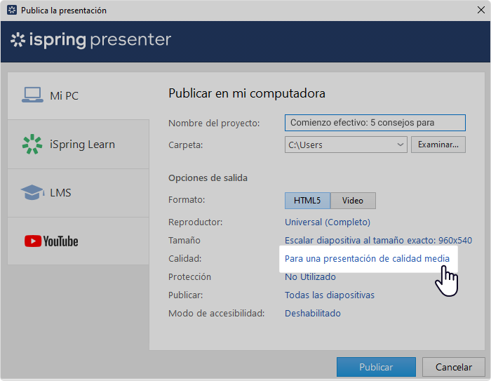 Interfaz de la ventana de publicación de iSpring Presenter Publicar una presentación en iSpring Presenter