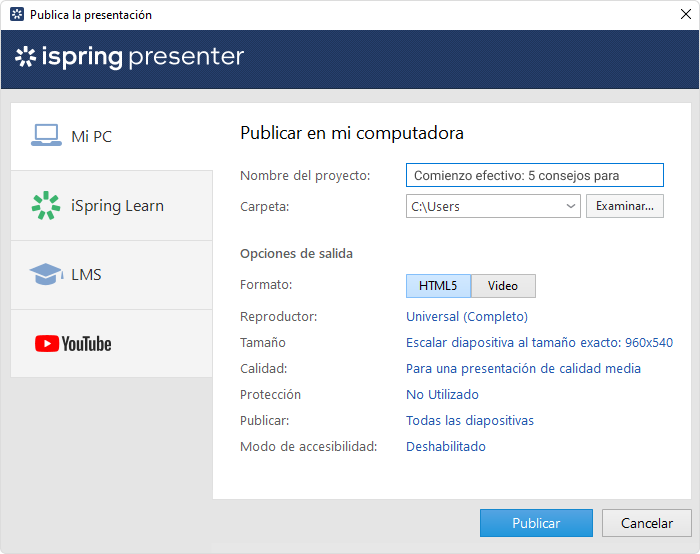 Convertir la presentación en un archivo de video en iSpring Presenter