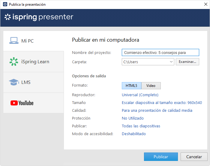 Convirtiendo PowerPoint en vídeo Convertir la presentación en un archivo de video en iSpring Presenter
