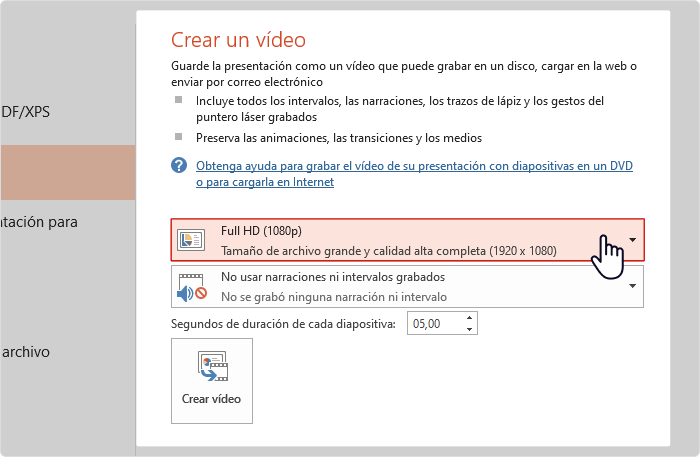 Cómo convertir un powerpoint en video: seleccionar la calidad