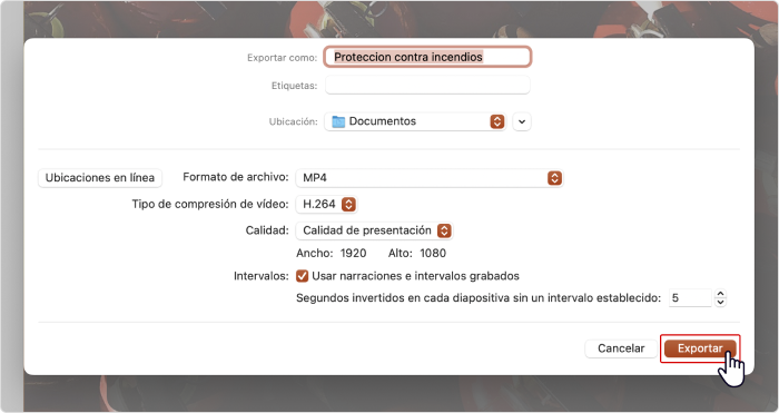 Exportar la presentación en un vídeo en macOS