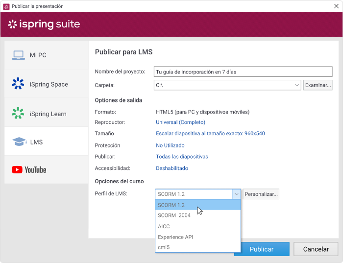 Elegir el tipo de SCORM en iSpring Suite