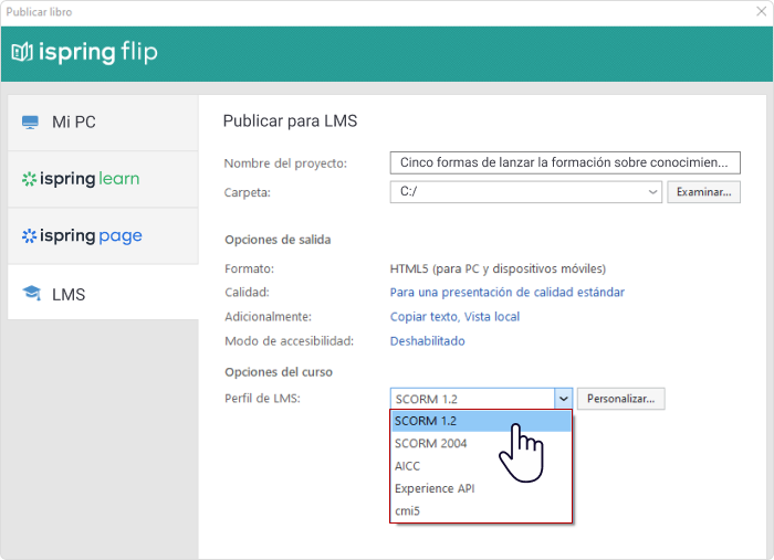 Opciones de personalización para curso en línea de iSpring Suite