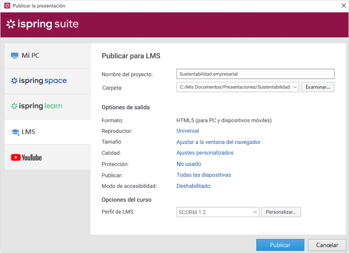 Publicar ti curso para LMS con iSpring Suite Publicar ti curso para LMS