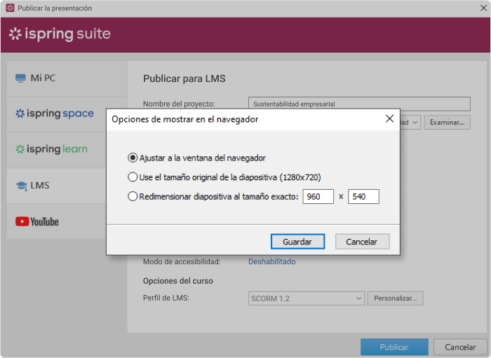 iSpring Suite Cambiar las opciones de mostrar en el navegador