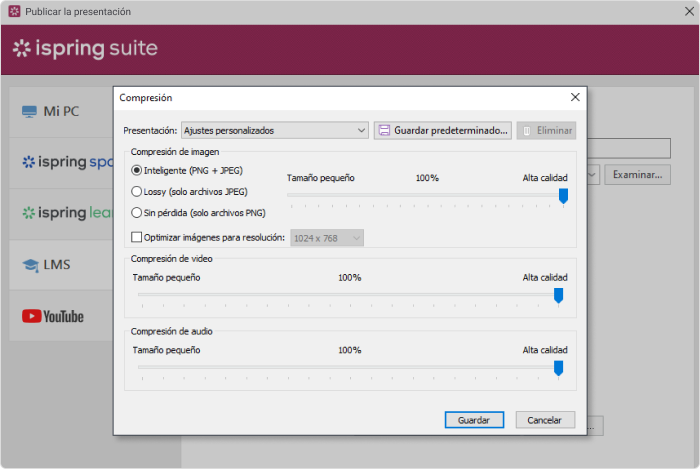 Las opciones de calidad en iSpring Suite Determina las opciones de calidad