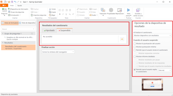 Opciones de configuración de la diapositiva de resultados en iSpring Suite Opciones de configuración de la diapositiva de resultados