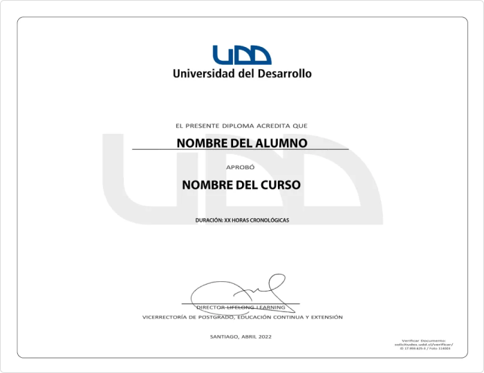 Ejemplo de un diploma expedido por la UDD