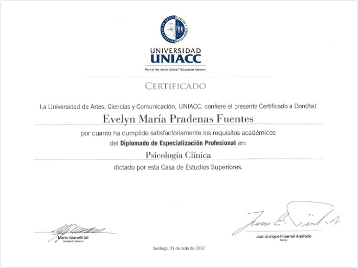 Ejemplo de un certificado de la UNIACC